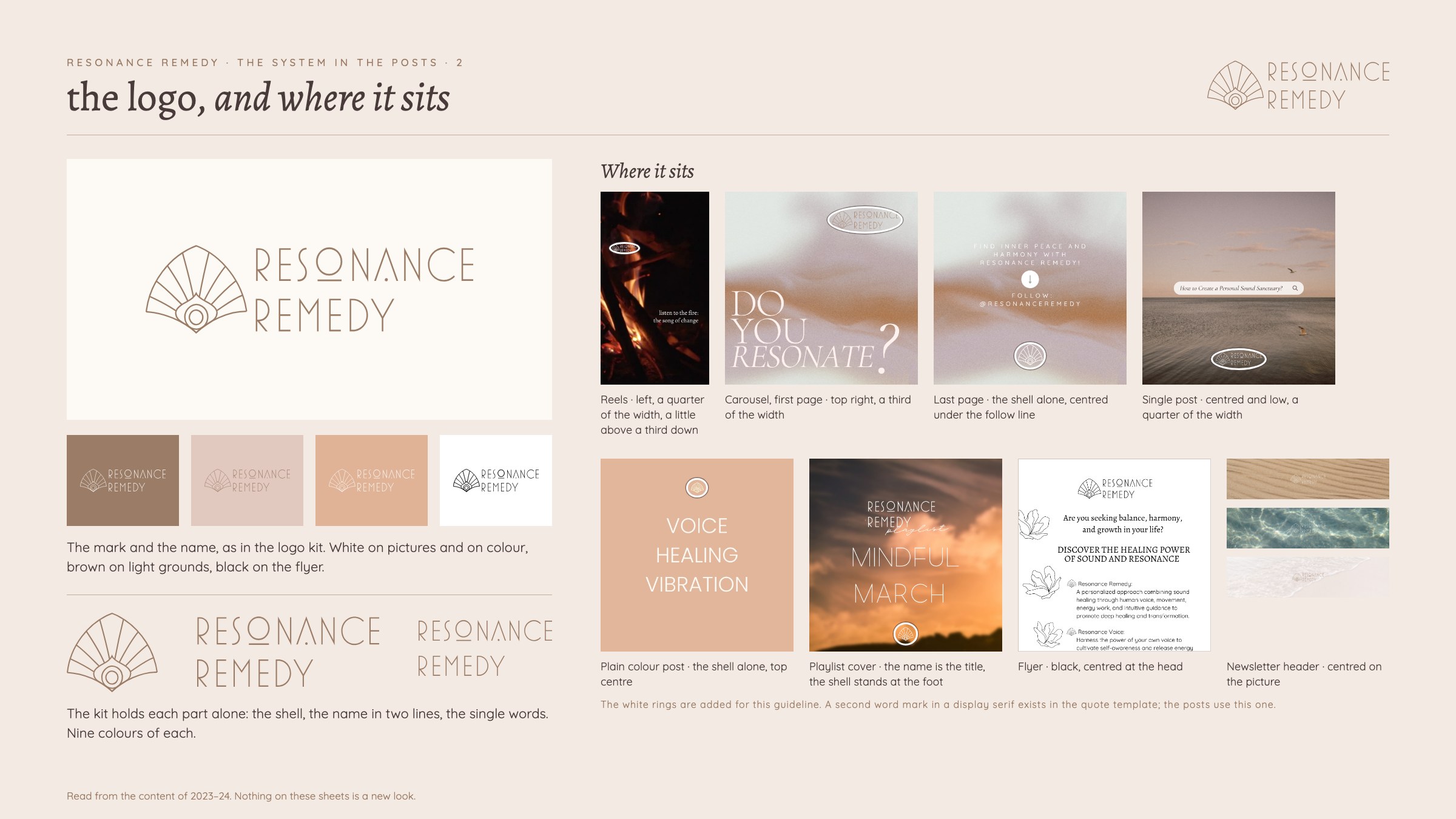 Guideline sheet, the logo and where it sits: the mark and the name, white on pictures and on colour, brown on light grounds; where the logo sits on reels, carousels, covers, the flyer and the newsletter header