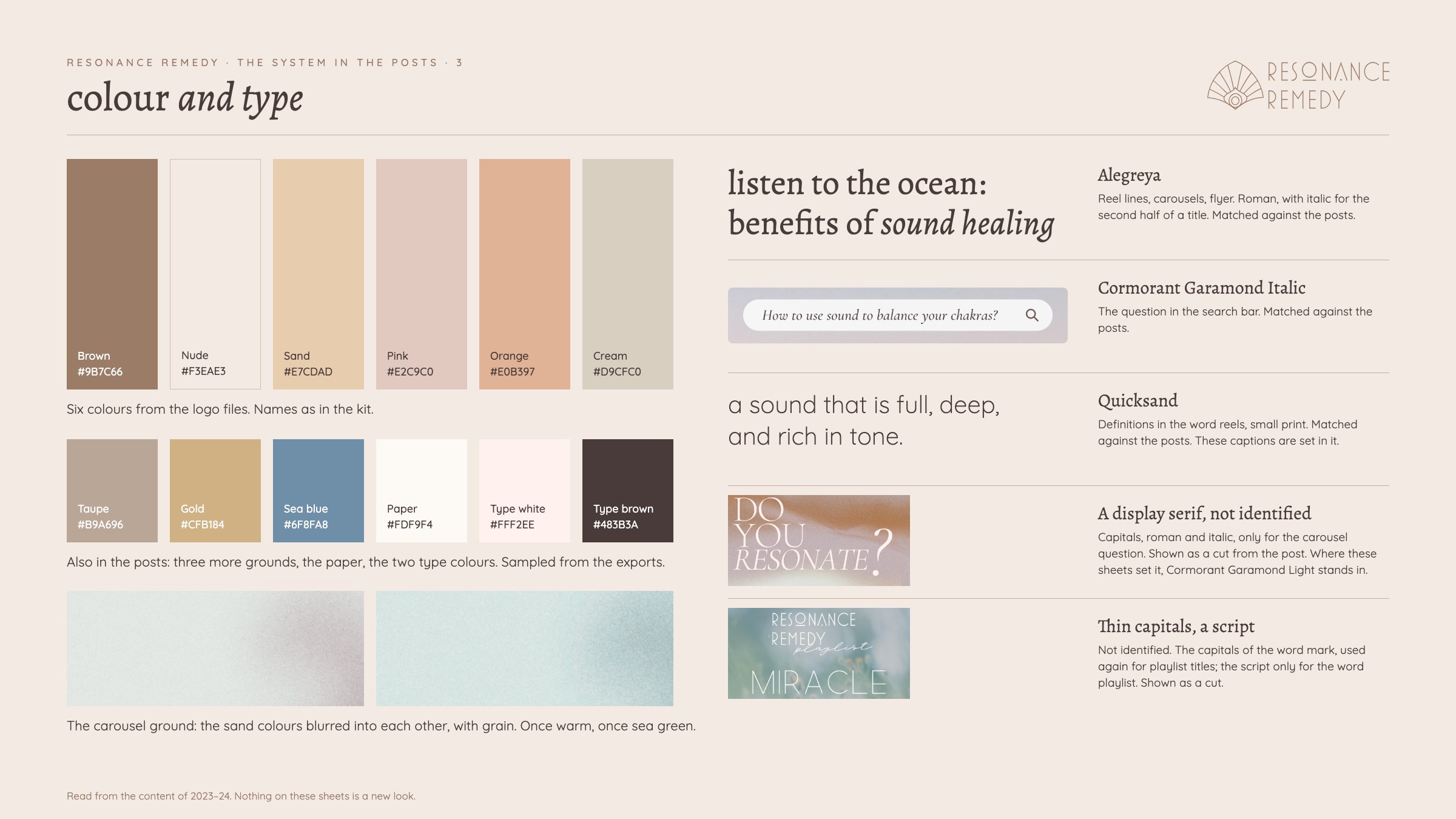 Guideline sheet, colour and type: six colours from the logo files, three more grounds, Alegreya, Cormorant Garamond Italic and Quicksand, and how each is used