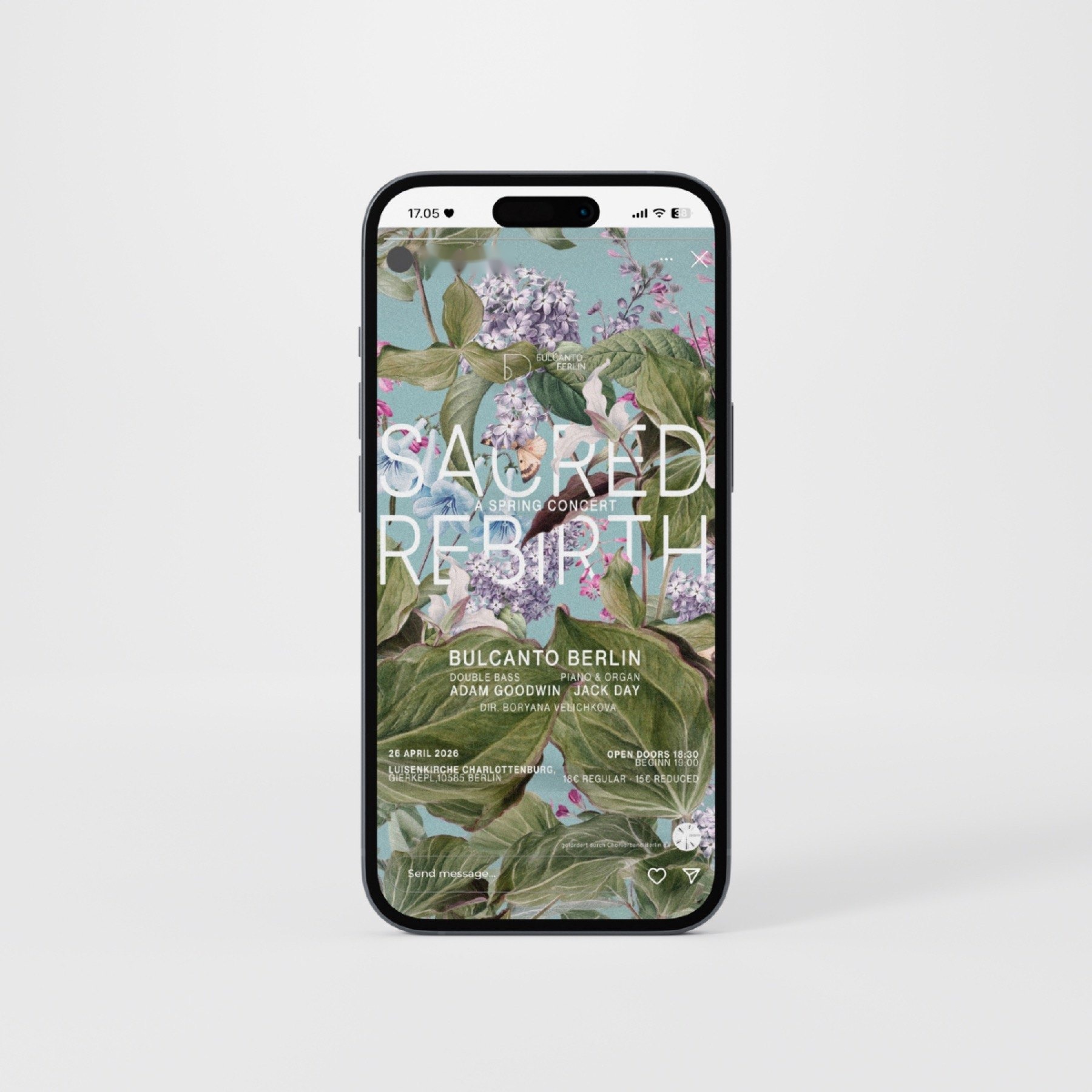 The story on a phone standing upright: the poster at full height, lilac and leaves round the title