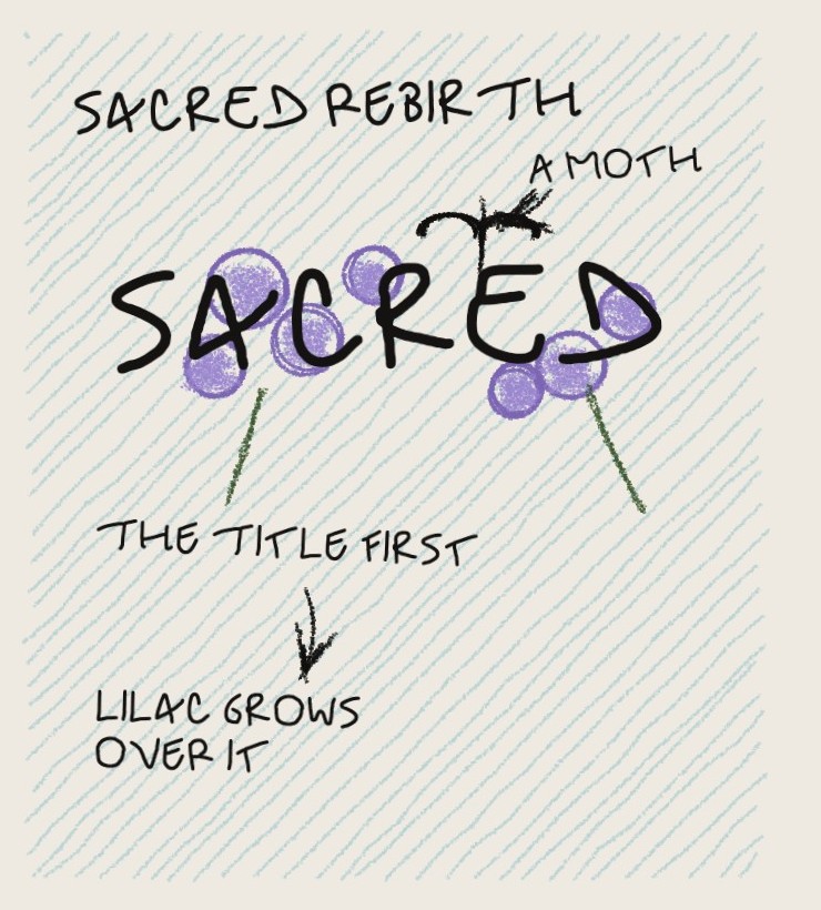 Drawn by hand on pale blue crayon: the word Sacred, lilac drawn over it, a moth: the title first, lilac grows over it