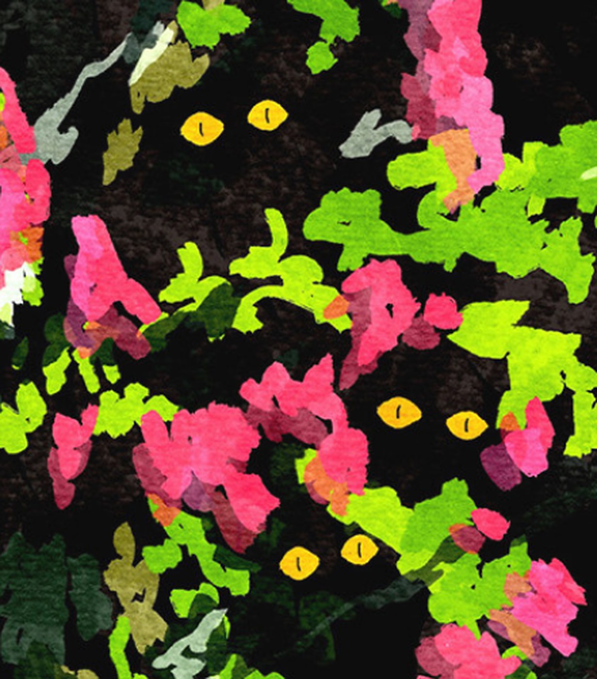 Close-up of the first panel: yellow eyes among pink blossom and lime leaves