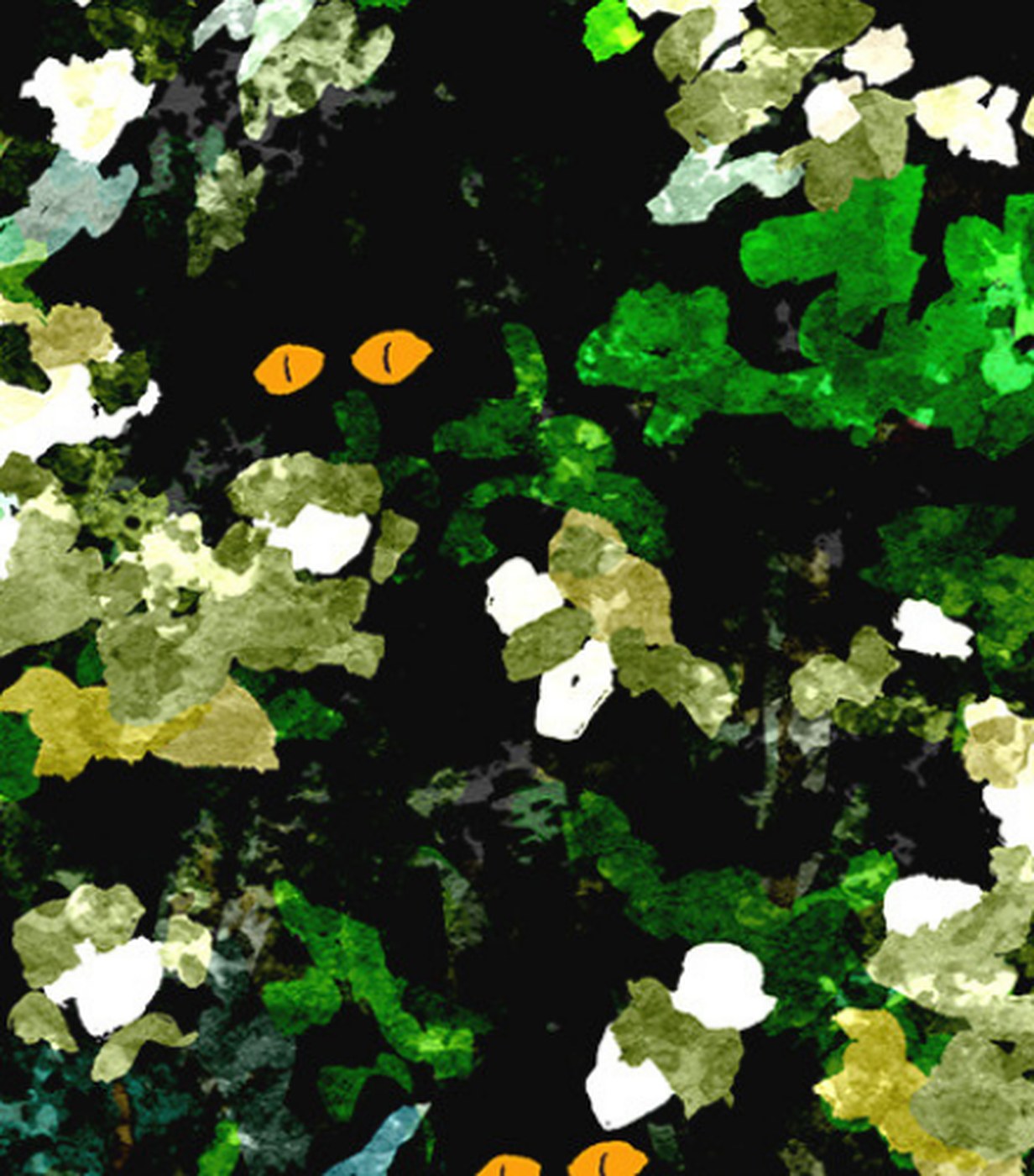 Close-up of the second panel: a pair of yellow eyes among white blossom