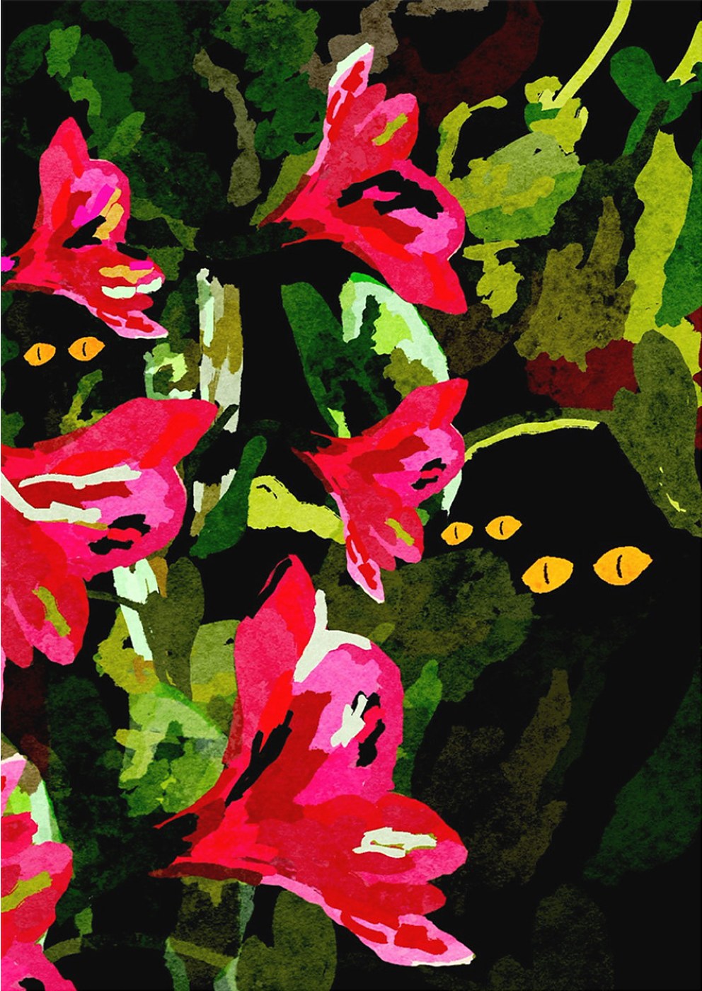 The third panel: red and pink lilies and dark leaves on black, three pairs of yellow eyes between them