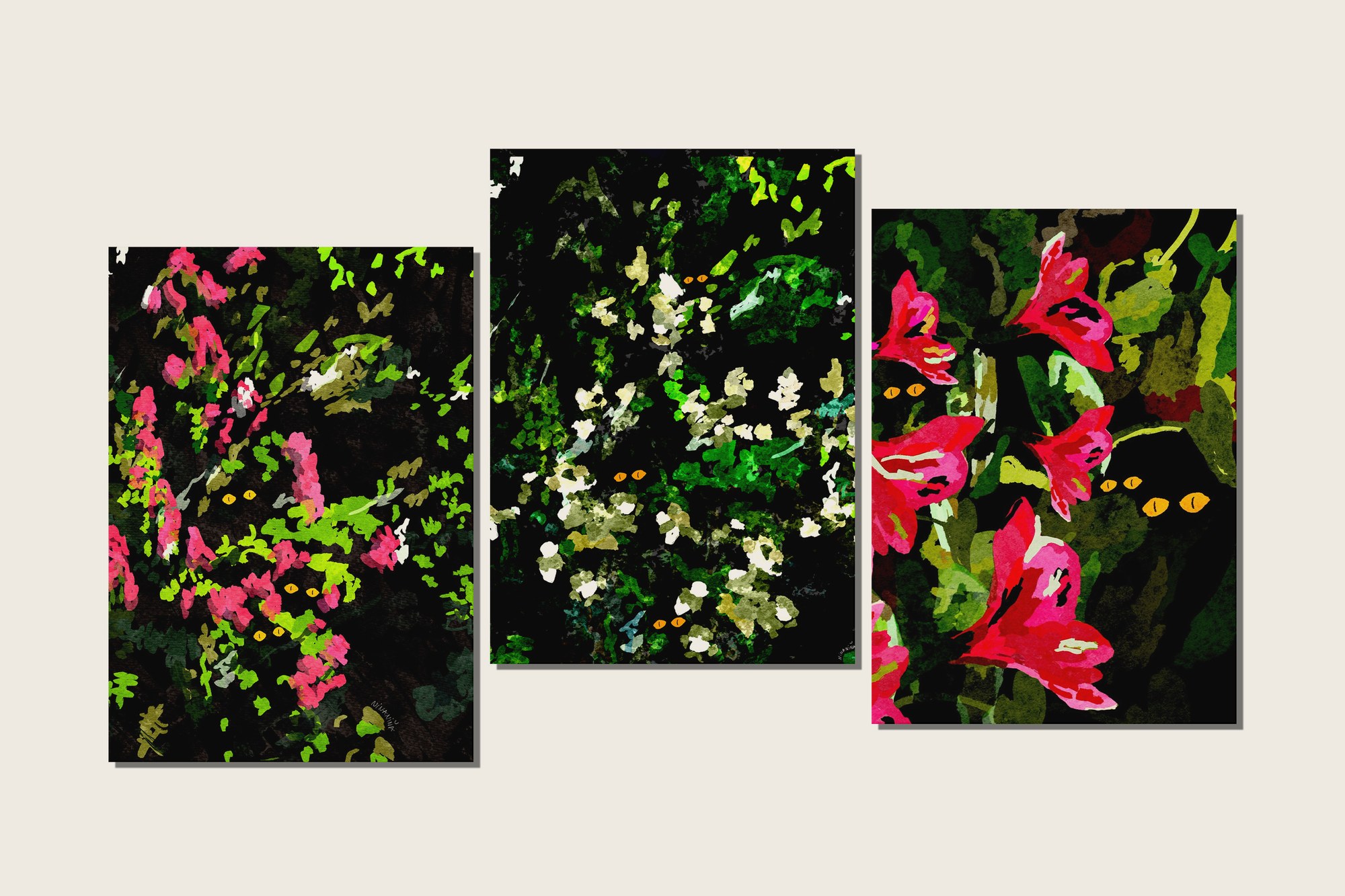 The three panels side by side on a pale wall: pink blossom, white blossom and red lilies, each on black