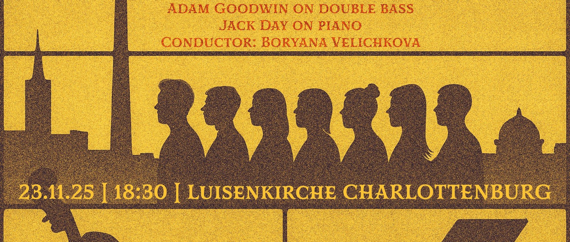 Close-up: the singers in silhouette on the ledge of the window, the names of the players and the conductor above, the date and Luisenkirche Charlottenburg below