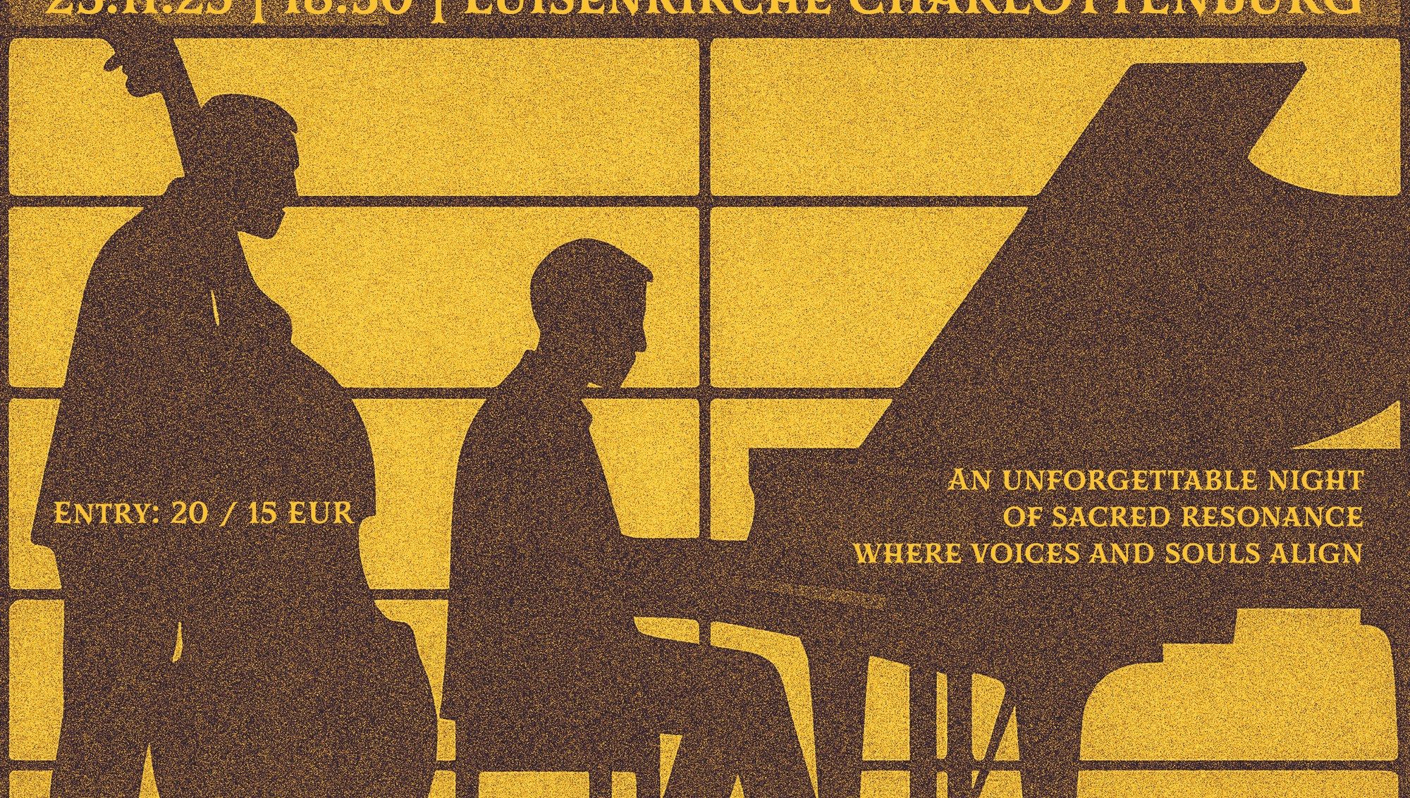 Close-up: the double bass player and the pianist in silhouette, the entry price and the evening's line beside them