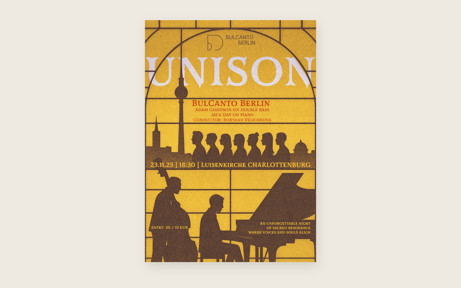 The Unison poster flat on a pale desk: an arched window in yellow, the TV tower and a row of singers in silhouette, a double bass and a piano below