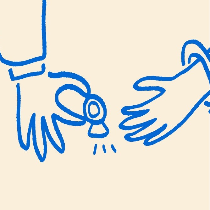 Close-up: two hands in blue line, one holding out a ring