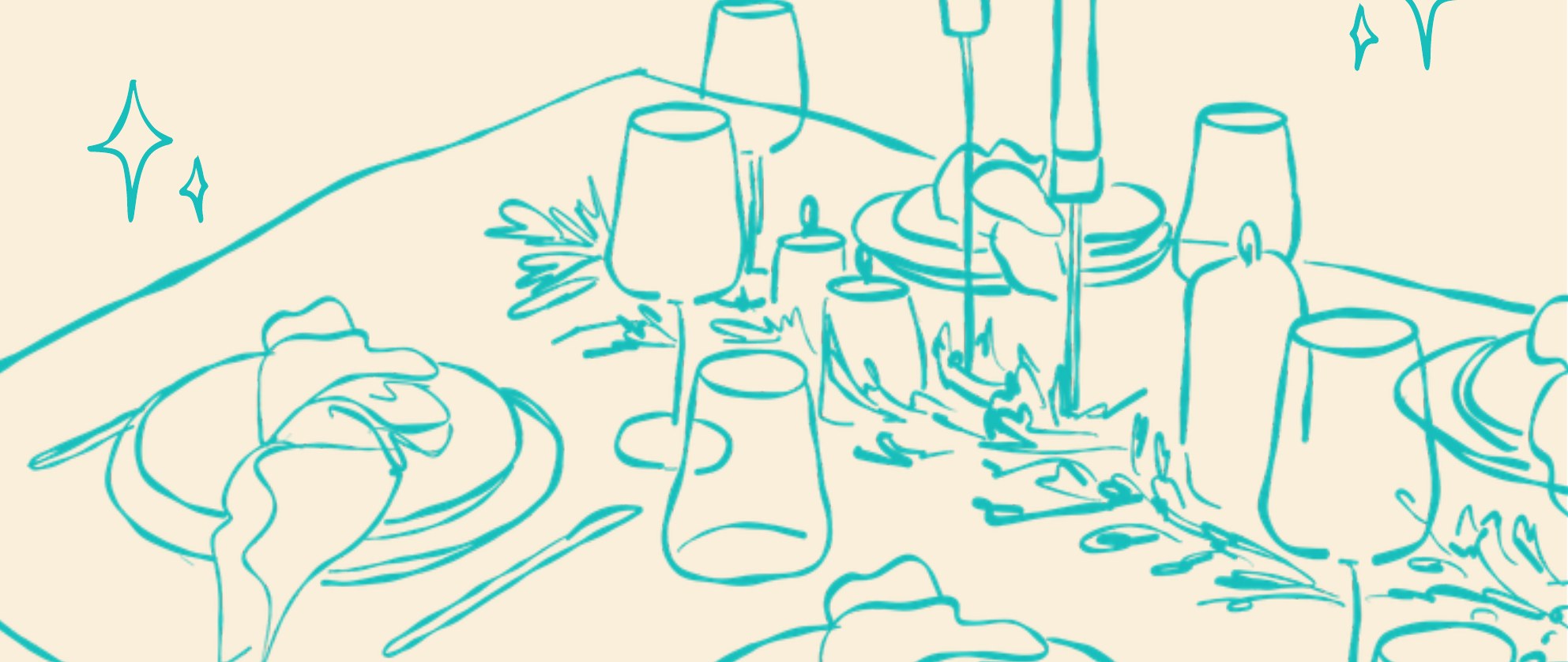 Close-up: plates, napkins and glasses in one turquoise line