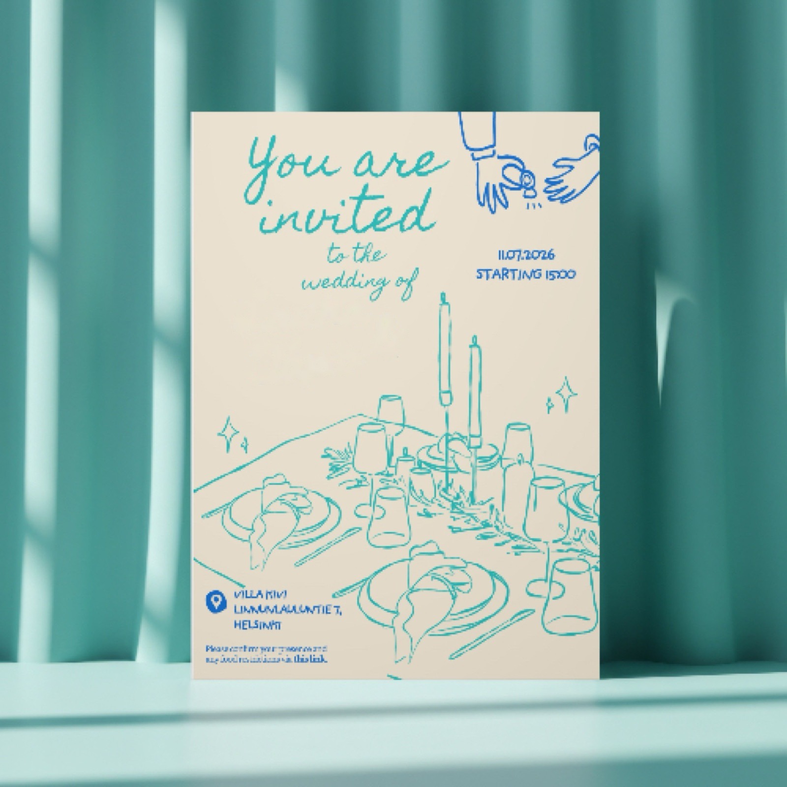 The invitation standing in front of a turquoise curtain, the laid table drawn in turquoise line