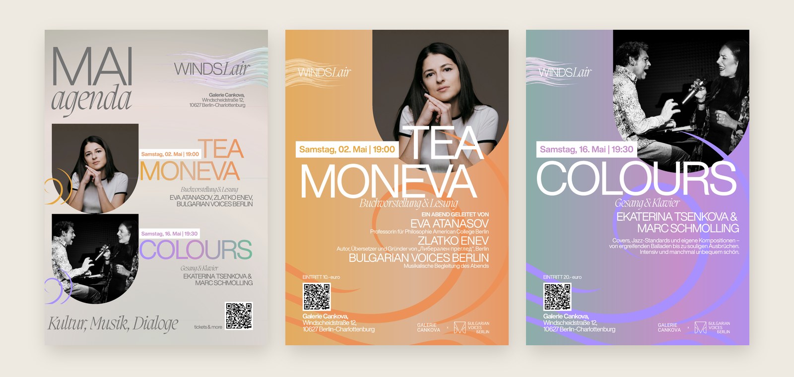 The three A4 prints side by side: the May agenda, Tea Moneva in Warm Apricot, Colours in Mint and Lavender