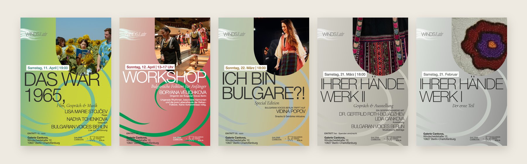 The earlier evenings recreated in the new brand, as A4 posters in a row: Das war 1965, Workshop, Ich bin Bulgare?!, Ihrer Hände Werk II, Ihrer Hände Werk I