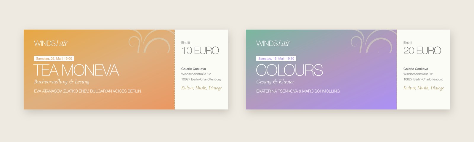 The two tickets: Tea Moneva, 10 euro, in apricot; Colours, 20 euro, in mint and lavender