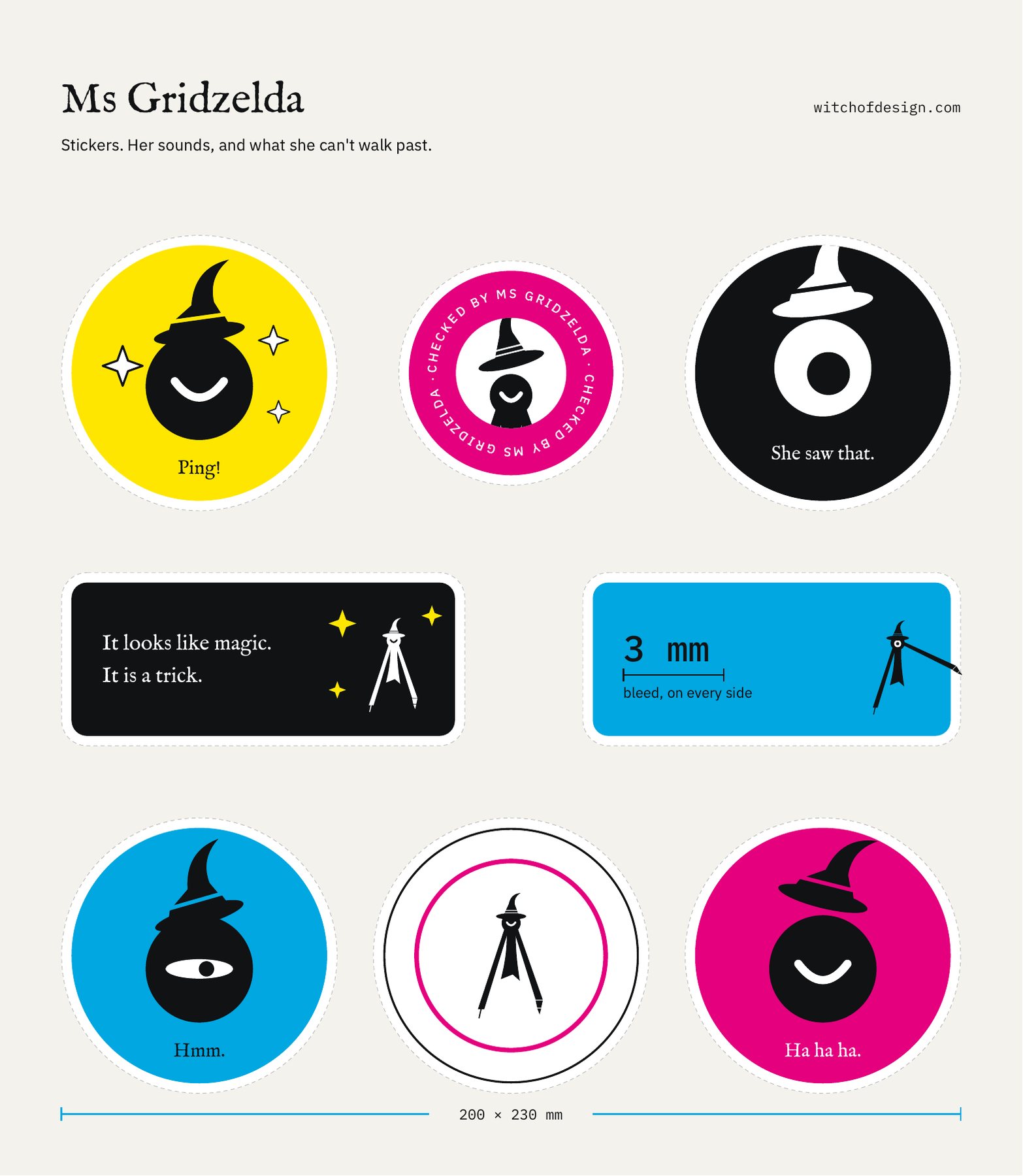 The sticker sheet: her sounds, the seal and two die-cut figures