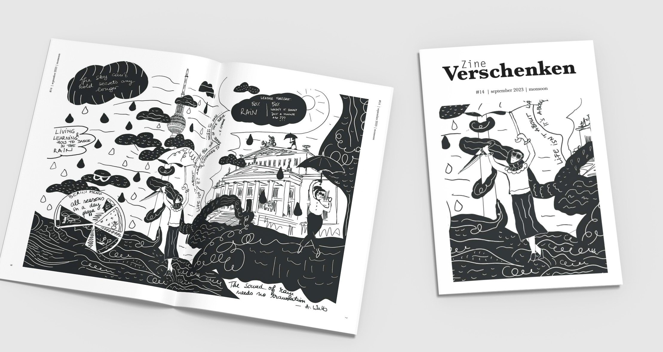 Issue 14, monsoon, open on its double page, the cover beside it