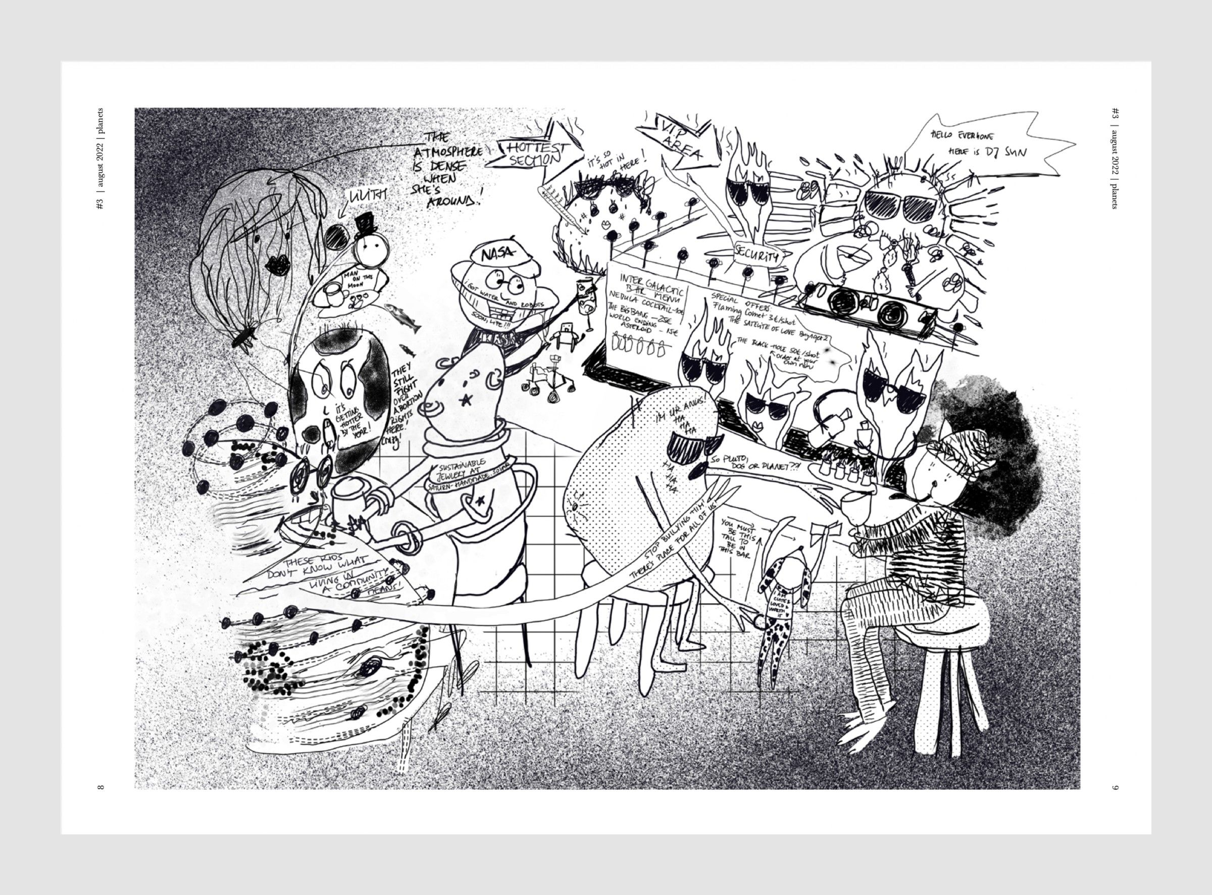 Issue 3, planets: one black and white drawing across the double page