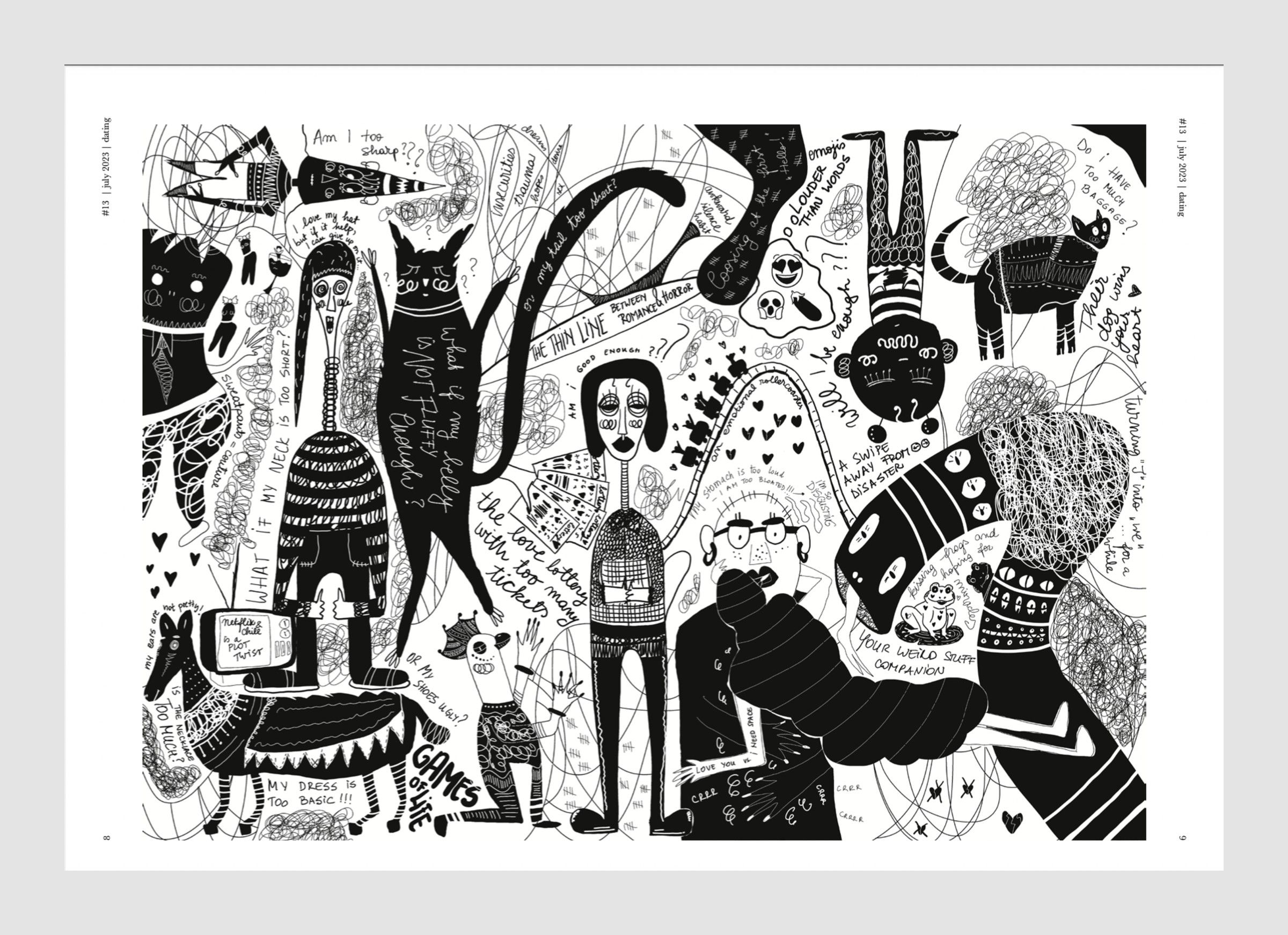 Issue 13, dating: one black and white drawing across the double page, full of figures and handwritten lines